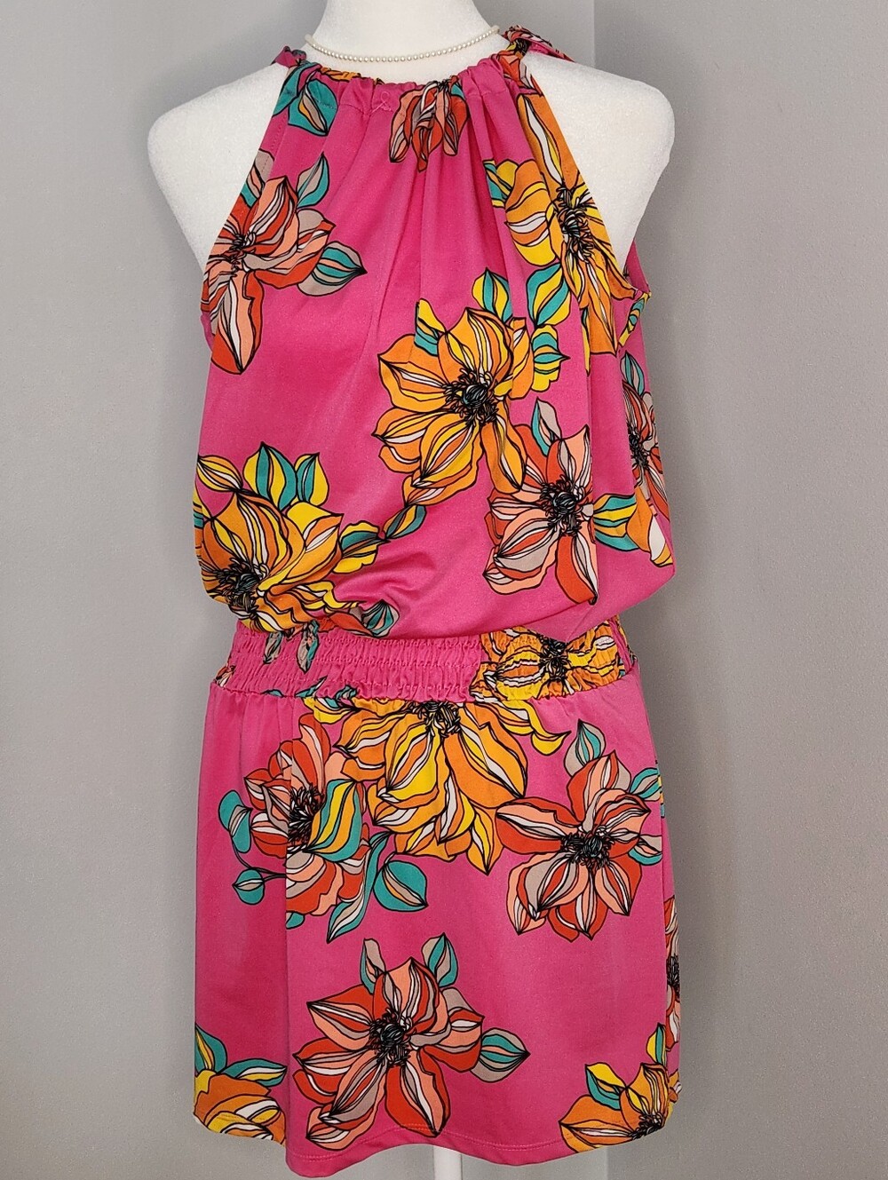Trina Turk Fuschia, Teal and Orange Floral Halter Mini Dress S - Picture 2 of 10